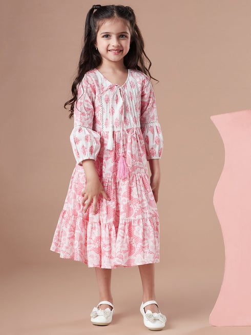 Girls Tiered Floral Print Tie-Up Neck A-Line Midi Cotton Dress